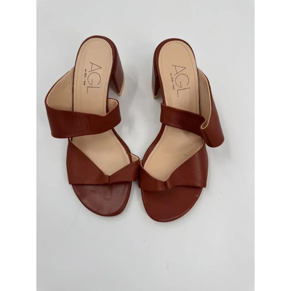 AGL Brown Moon Thong Leather Block Heel Sandals 38.5 or US 8.5 Made In Italy